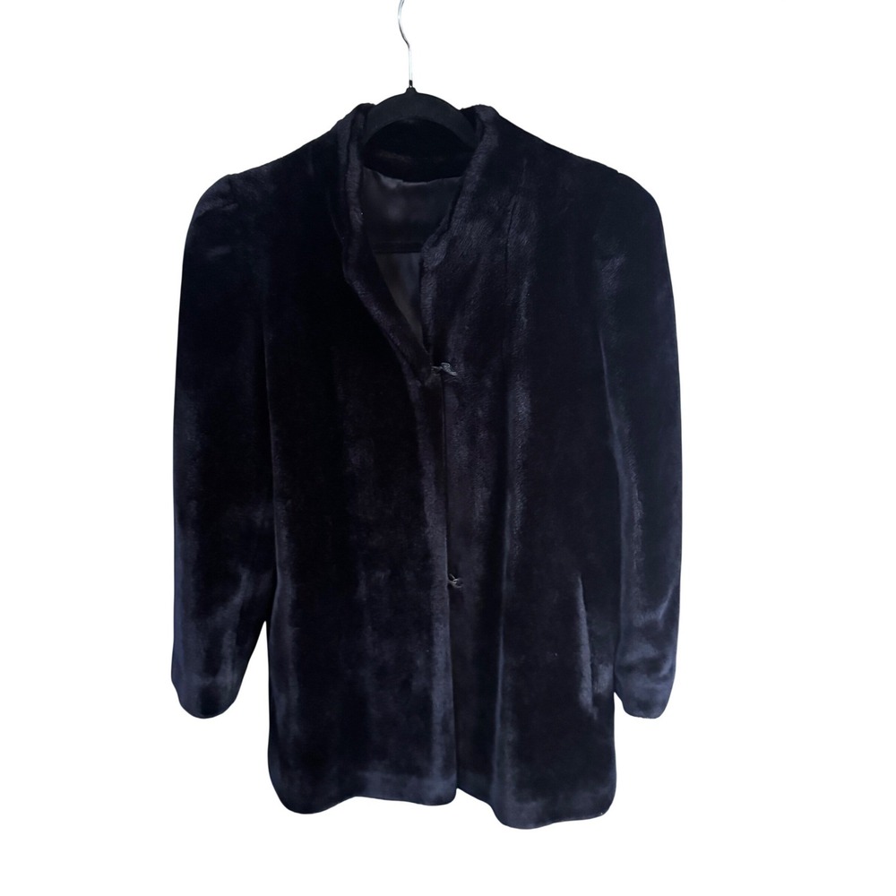 Vintage Women's Deep Navy Faux Fur Coat Mid Length Stand Collar Plush Jacket 80s